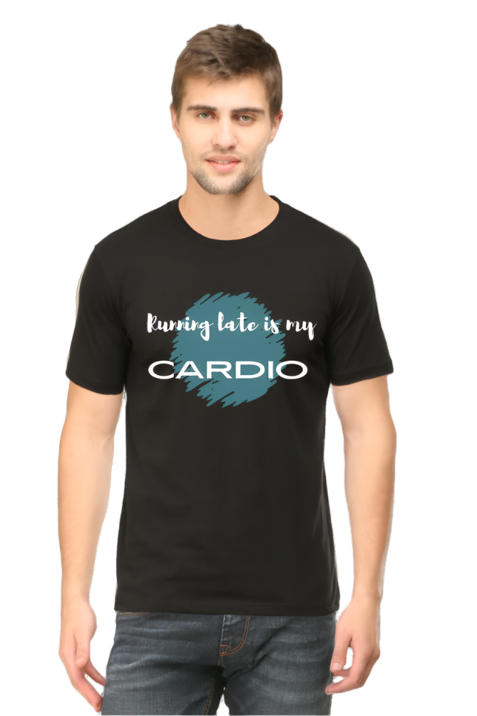 Men’s Round Neck Graphic T-Shirt – Casual Comfort with a Twist of Humor - Running late is My Cardio