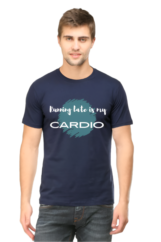 Men’s Round Neck Graphic T-Shirt – Casual Comfort with a Twist of Humor - Running late is My Cardio