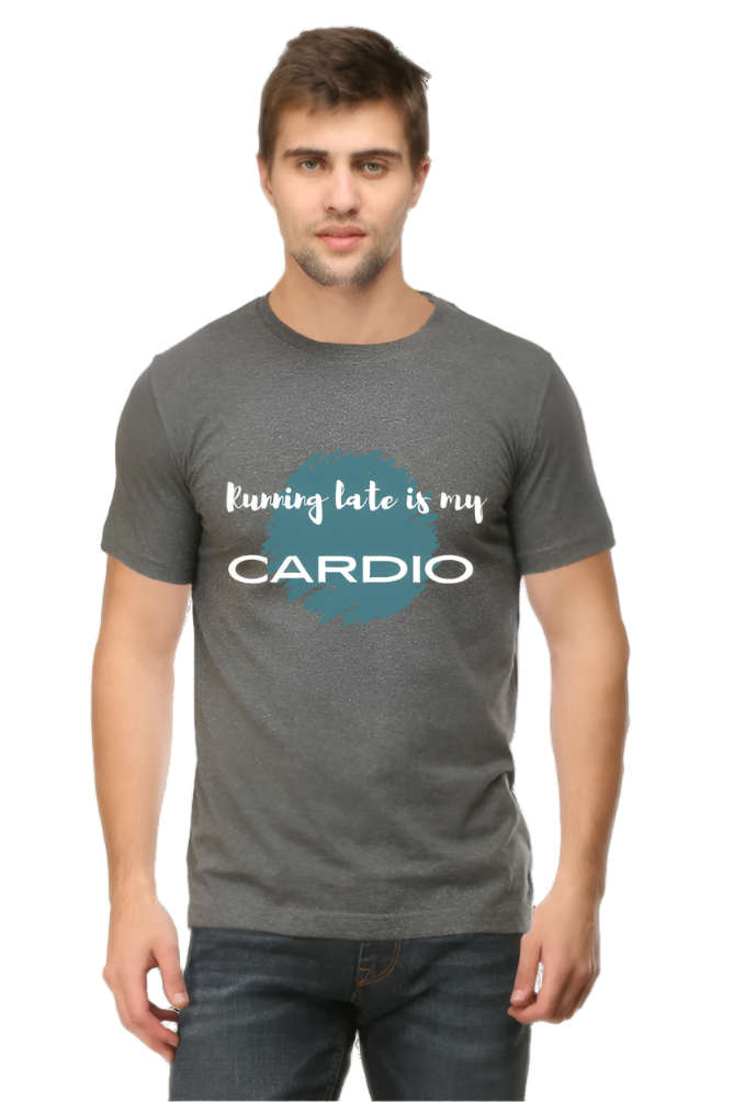 Men’s Round Neck Graphic T-Shirt – Casual Comfort with a Twist of Humor - Running late is My Cardio